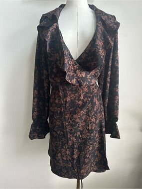Disturbia Mini Wrap Long Sleeve Dress Women 12 Moody Floral Goth Dark Romantic